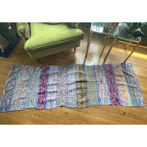 Vintage 60s kilim, handmade rag rug, blue, green, purple entryway or kitchen run